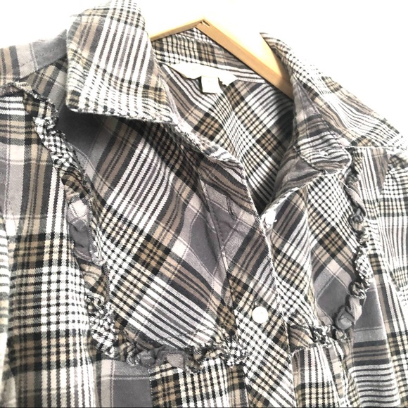 💙3/$25 RUBBISH Cute Fitted Stretch Flannel Button Down Ruffle Detail Shirt - Picture 6 of 8
